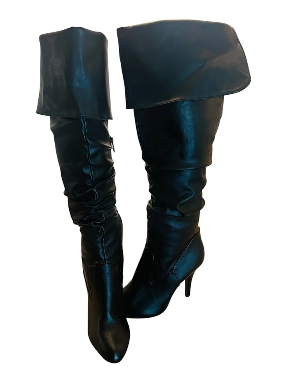 Women's Knee-High Slouch Boot in Black Faux Leather 4” Heel Womens 8 - Picture 3 of 11